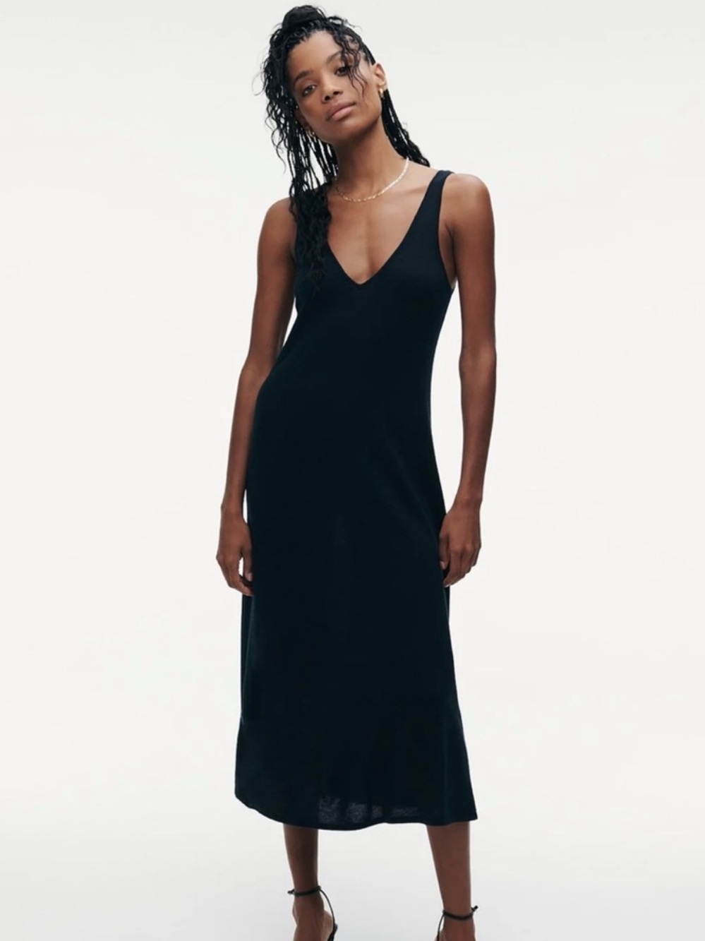 Autumn Cashmere Black V-Neck Sleeveless Body Con Knit Dress, Size L